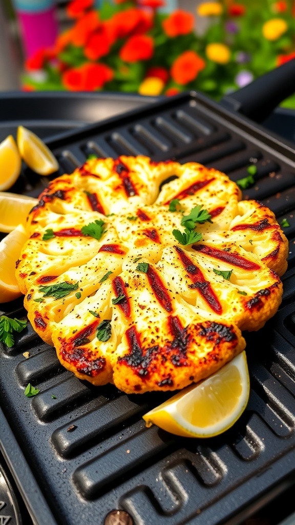 Grilled cauliflower steak on a Blackstone griddle, garnished with parsley and lemon wedges.